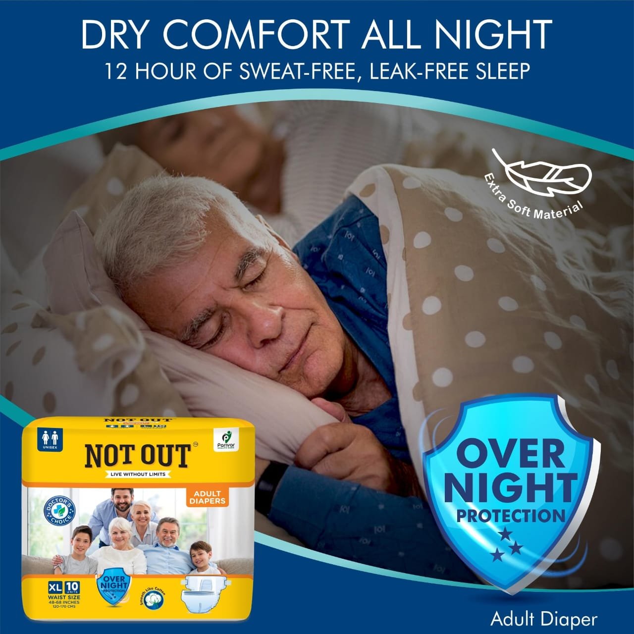 NOT OUT Overnight Protection 3D Core Odour Control Upto 12-Hour Absorption Adult Diapers-10 Pcs/Pack